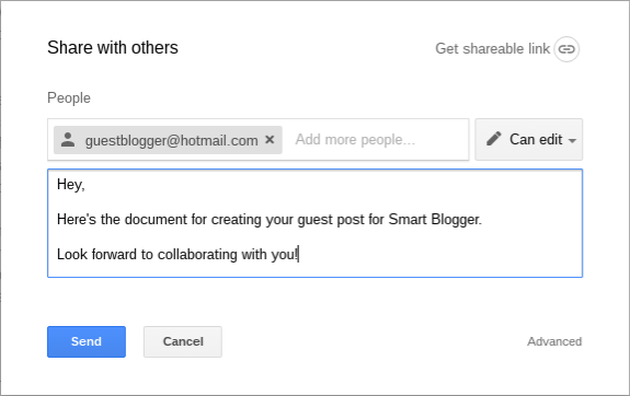 Share a Google Doc with personal message