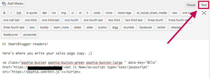 Use WP text editor to paste Payhip Button