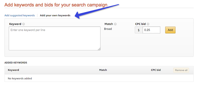 Add keyword bids for eBook search campaign