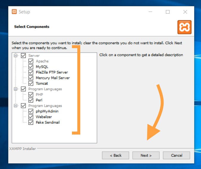 Select XAMPP components you want to install