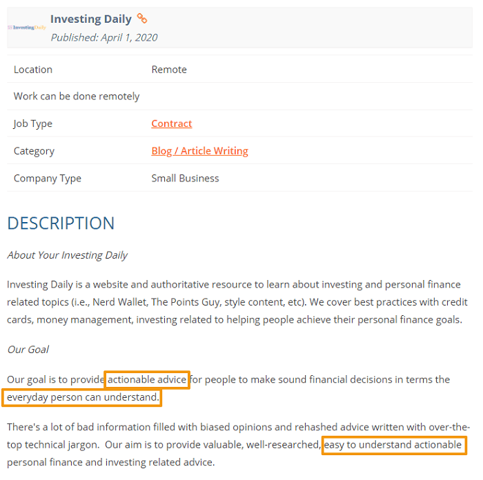 writing sample job ad screenshot finance blog 2