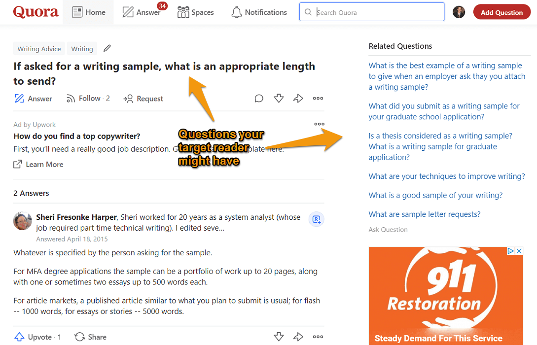 writing sample quora screenshot