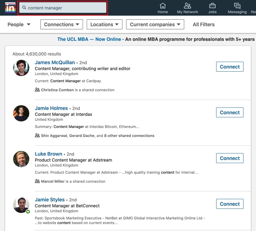 Search for new connections on LinkedIn