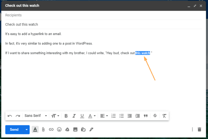 how to make a hyperlink highlight text in gmail
