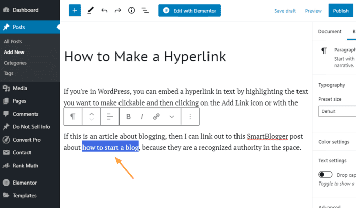 how to make a hyperlink highlight text wordpress post