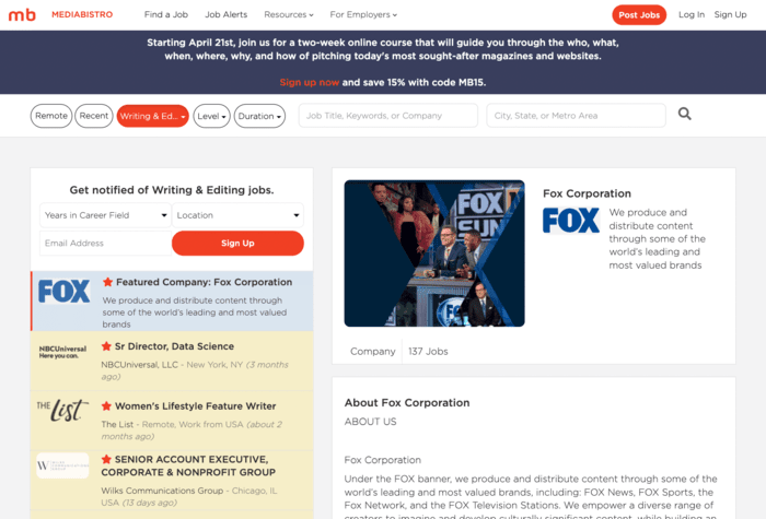 freelance writing sites mediabistro screenshot