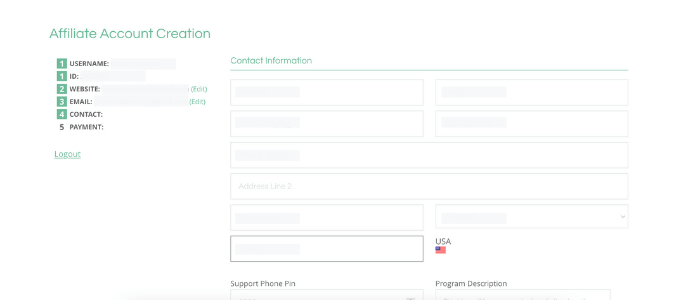Screenshot shareAsale account creation: Account Contact Info