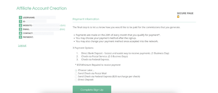 Screenshot shareAsale account creation: Payout Information