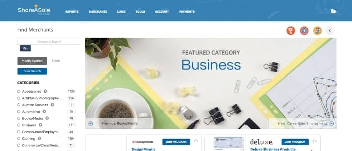 Screenshot ShareASale "Feature Category: Business"