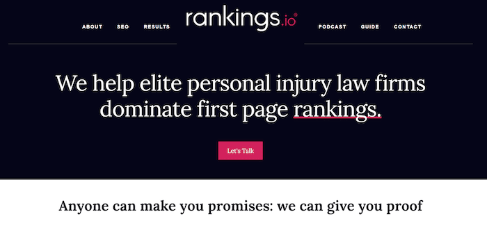 Screenshot of Rankings.io homepage