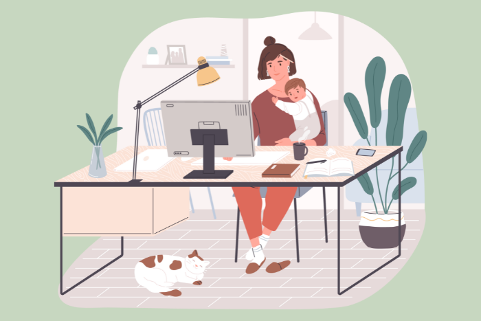 Graphic of woman holding baby at her desk in front of a computer