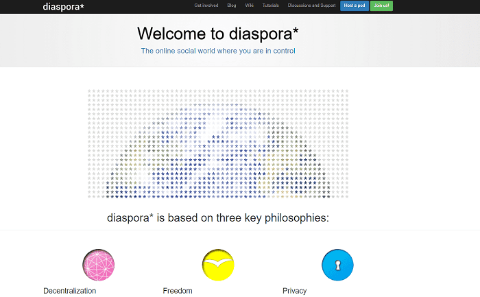 Screenshot of Diaspora home page