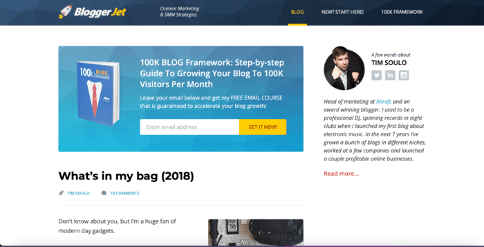 Home page of marketing blog Blogger Jet