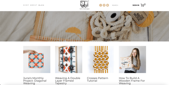 Home page of crafting blog about weaving