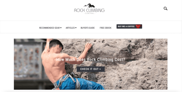 Home page for rock climbing sports blog called Rock Climbing Central