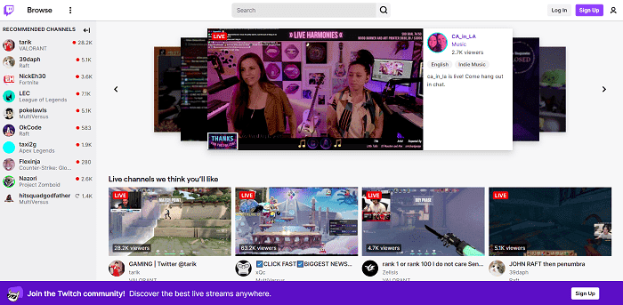Screenshot of Twitch home page