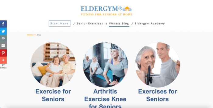Home page for fitness niche blog called Eldergym