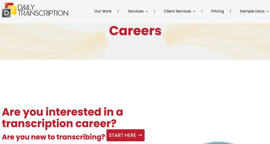 Screenshot Transcription Jobs homepage