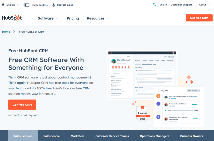 HubSpot CRM software pricing page