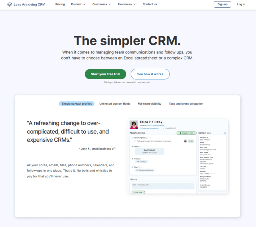 Less Annoying CRM pricing page