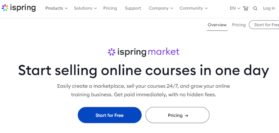 ispring market online course platform pricing page