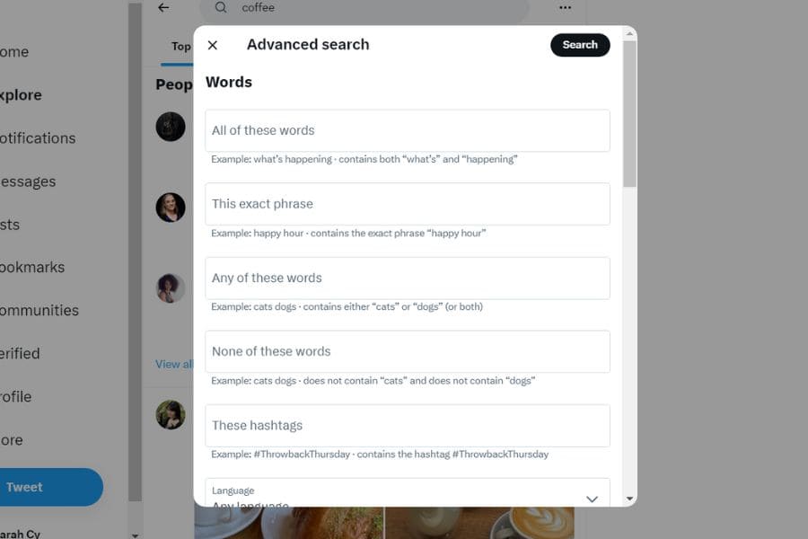 a screenshot of the twitter advanced search form
