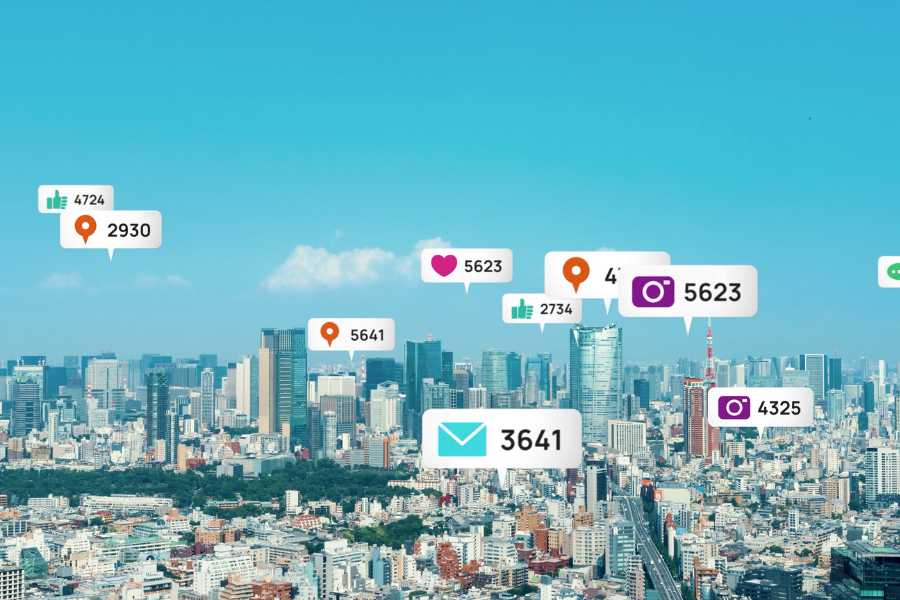 social media influencer marketing icons on a cityscape
