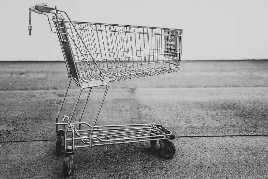 a shopping cart in black and white