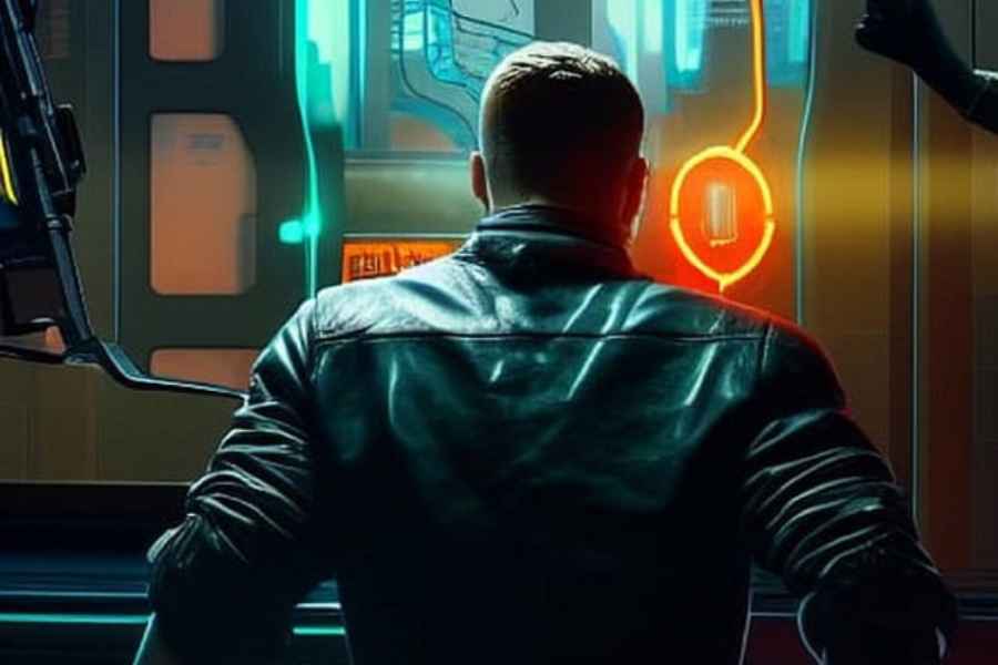 Man in leather jacket looking at glowing circle