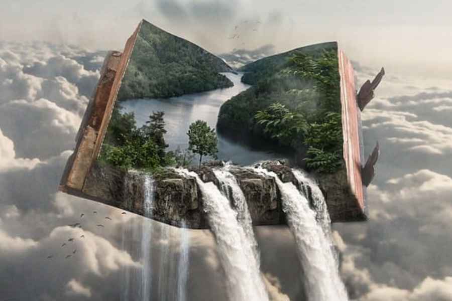 open book with waterfall pouring out of it
