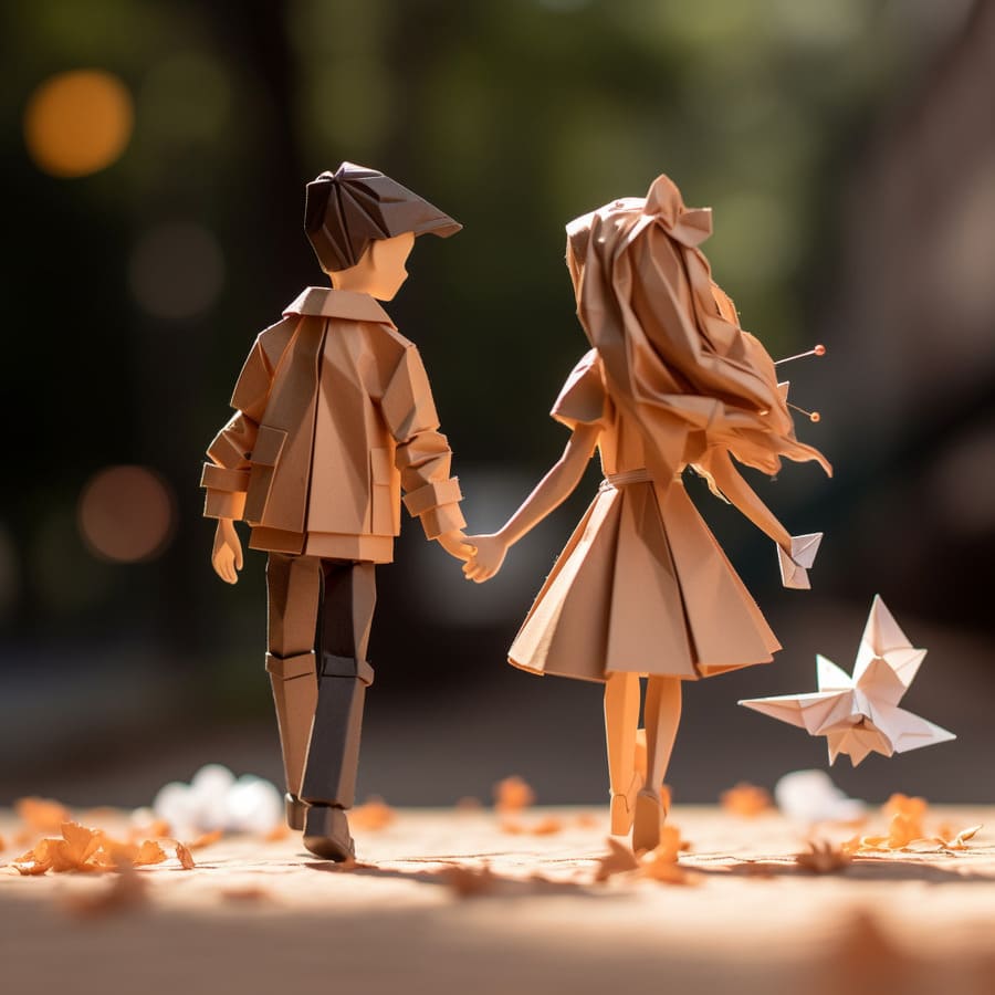 midjourney prompt and output of a origami couple