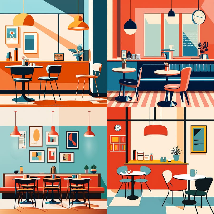midjourney prompt and output of a pop art cafe