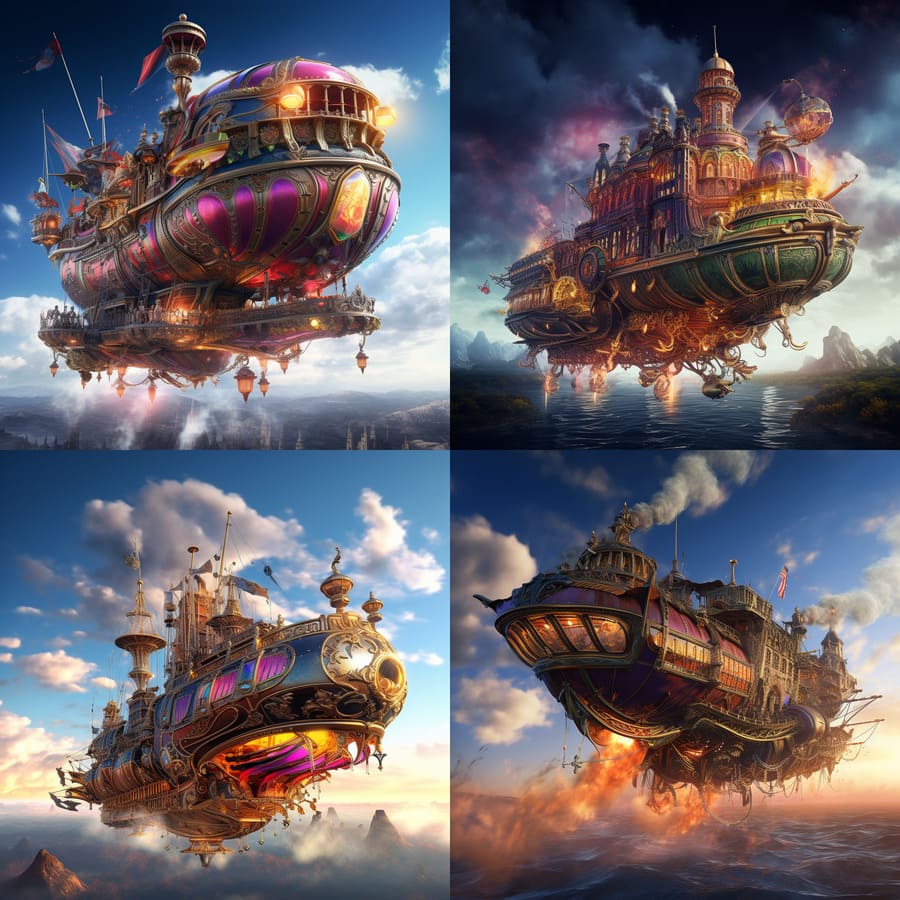 midjourney prompt and output of a steampunk ship
