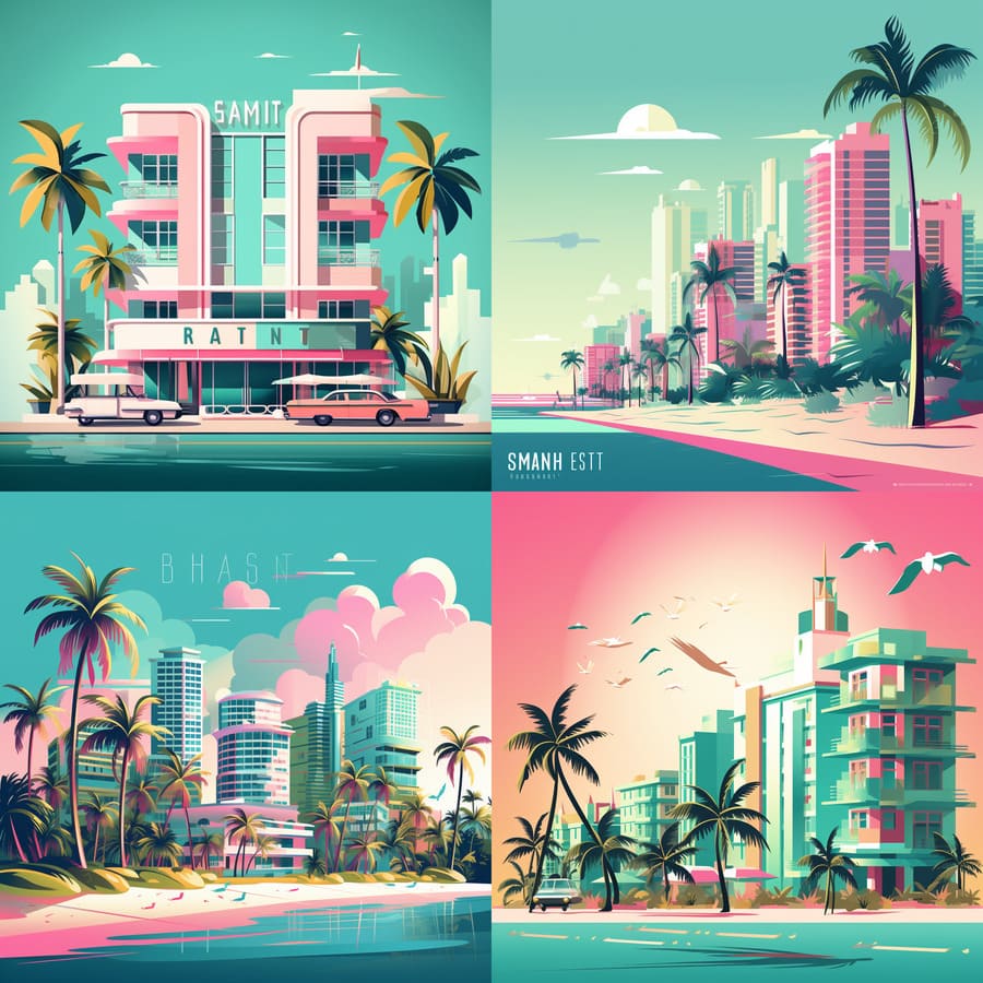 midjourney prompt and output of a vector miami