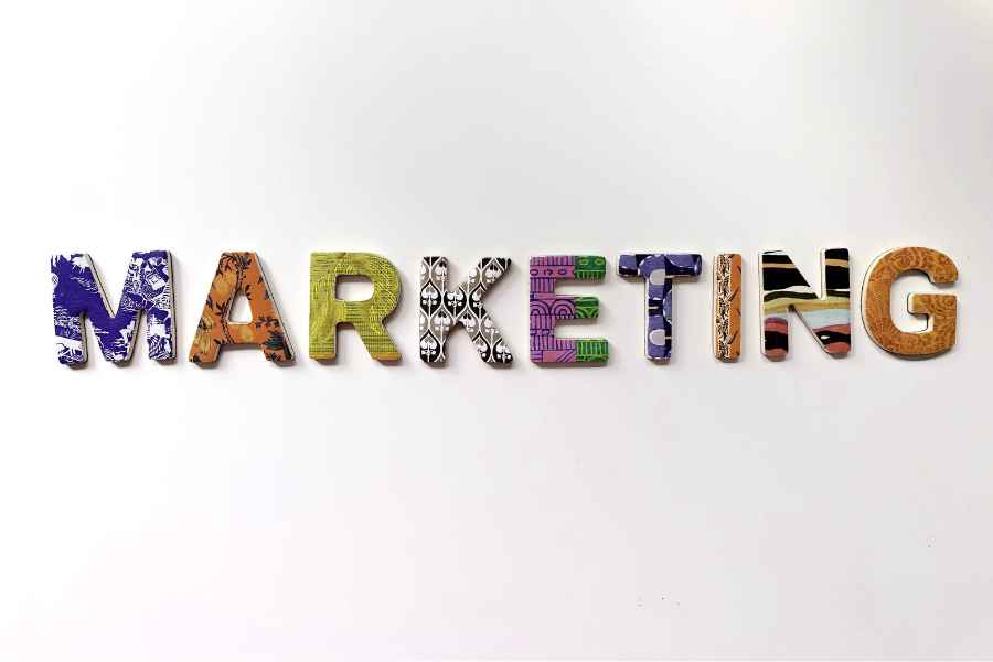 the word "marketing" where each letter is a different pattern and color