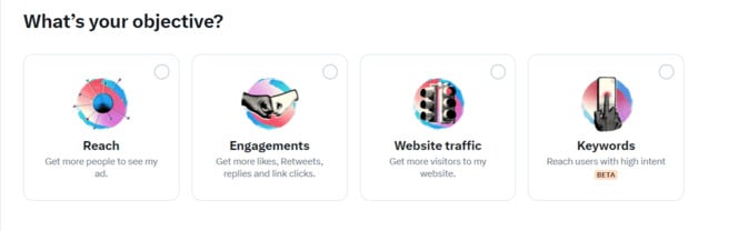 What's your objective? Menu on X/Twitter ads