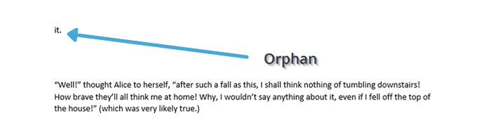 Screenshot of a word document showing an "orphaned" word
