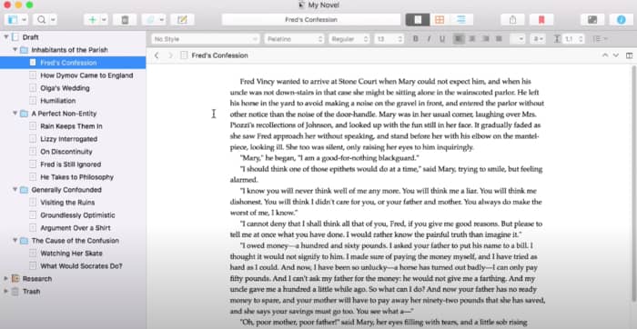 Screenshot of Scrivner book editing software