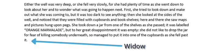 A word document showing an "widowed" word.