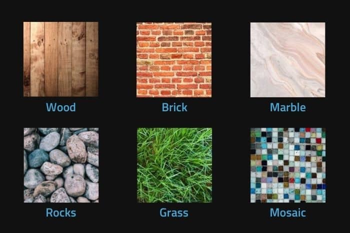 6 textures swatches on a black background: wood, brick, marble, rocks, grass and mosaic