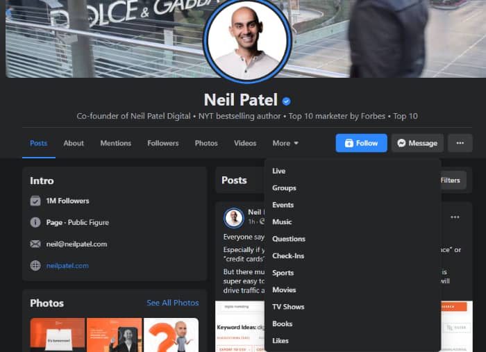 screenshot of Neil Patel FB page