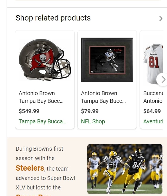 screenshot "antonio brown" shopping ads in Bing
