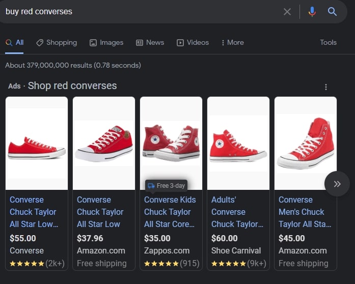 screenshot shopping ads google for "buy red converses"