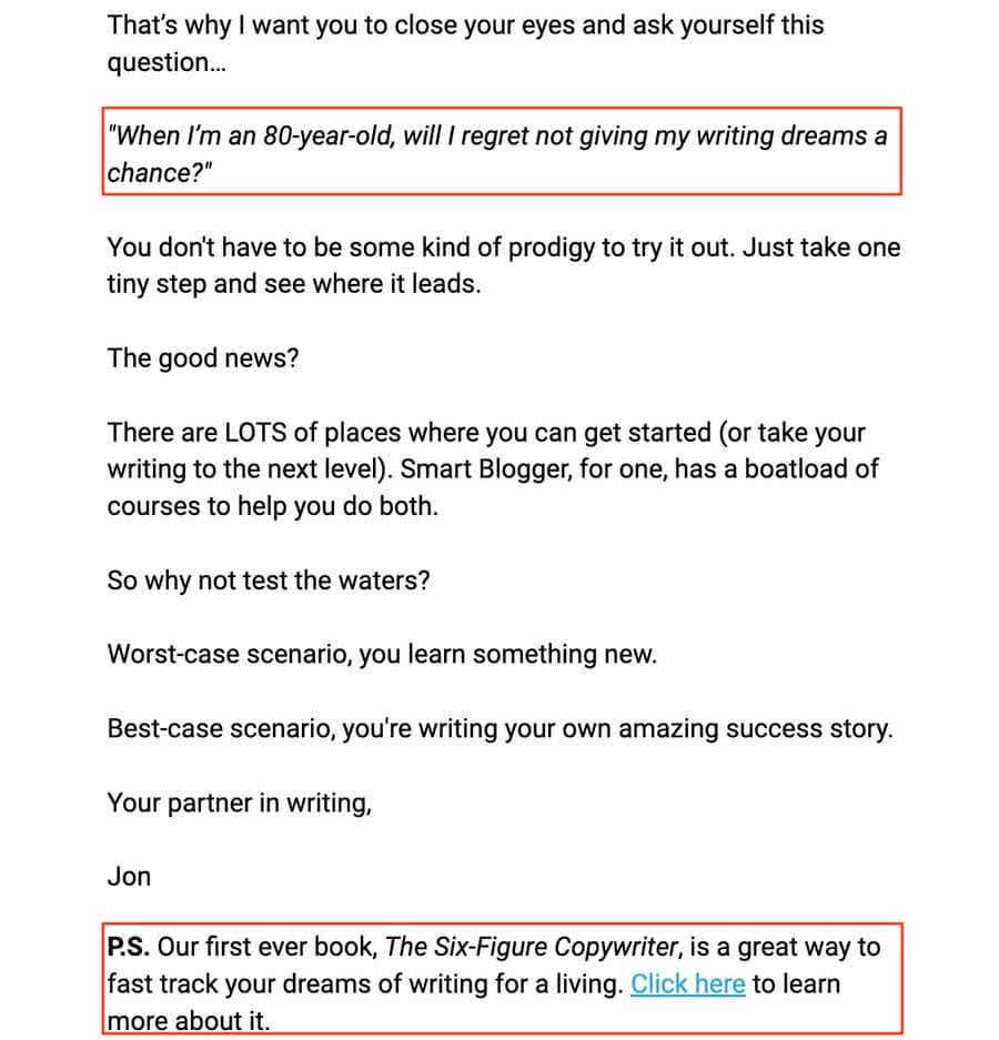 Snippet of an email from Jon Morrow at Smart Blogger