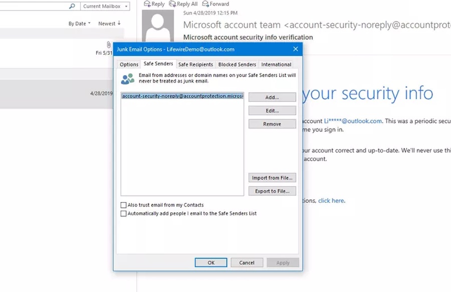 Image of adding email address to Safe Senders List in Microsoft Outlook