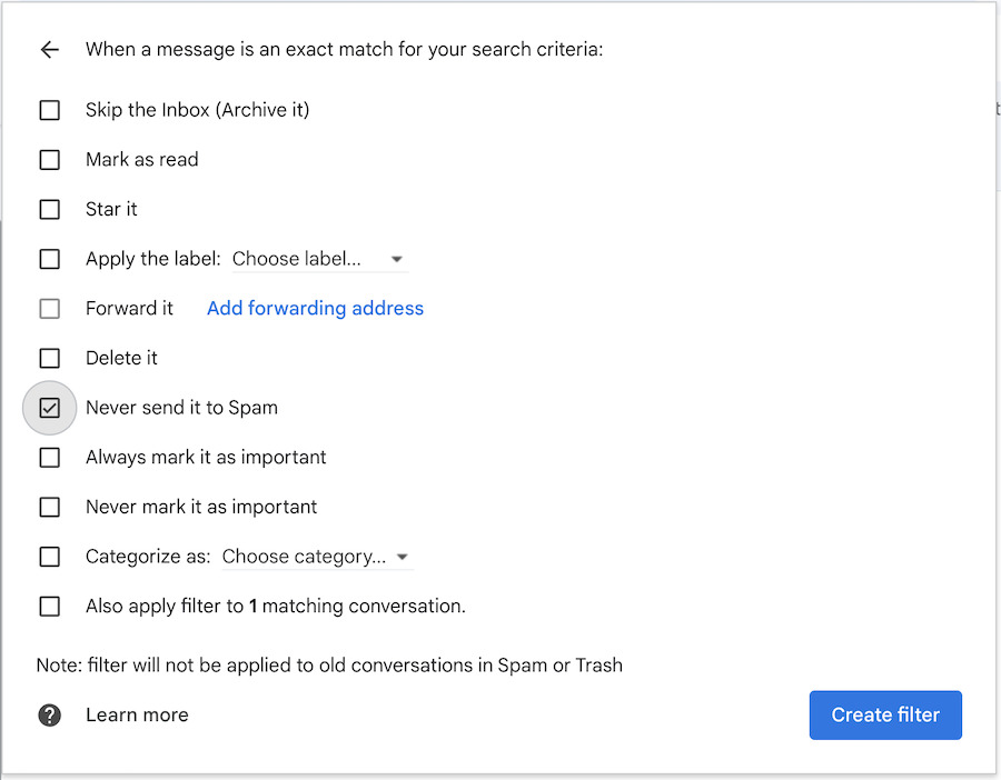 Image of filter not being applied to spam in Gmail