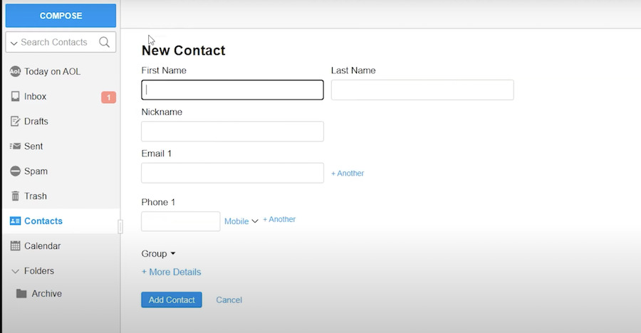 Image of adding a new contact in AOL Mail