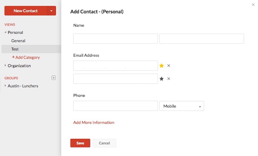 Image of adding a new contact from Zoho Mail