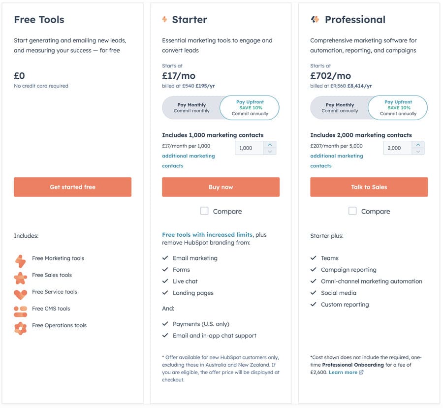 hubspot email marketing tools pricing page